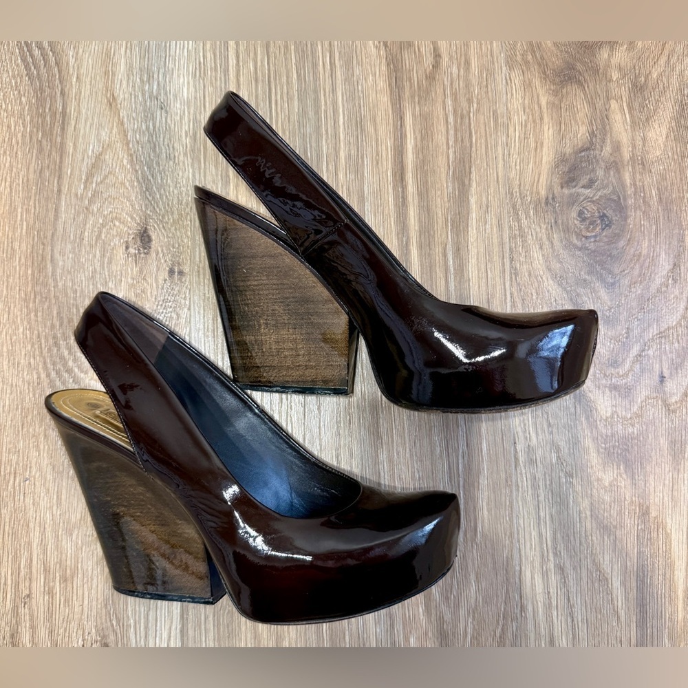 Gianmarco Lorenzi Dark Chocolate Patent Leather Slingback Platform Heels